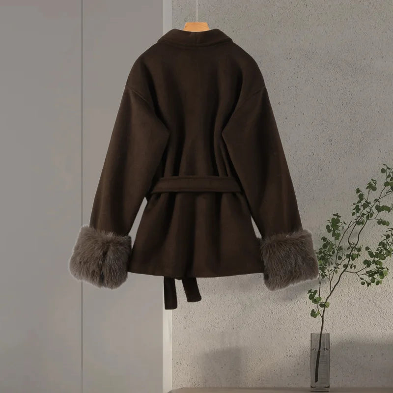 Plush Cuffs Belt Women 's Coats Elegant Lapel Faux Fur Sleeve Twist Open Coat Female 2025 Autumn Winter Fashion Lady Streetwears