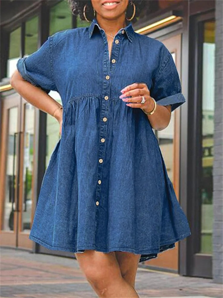 Wmstar Plus Size Denim Dresses Women Elegant Casual Loose Short Sleeve Summer Midi Dress Wholesale Dropshipping New Style