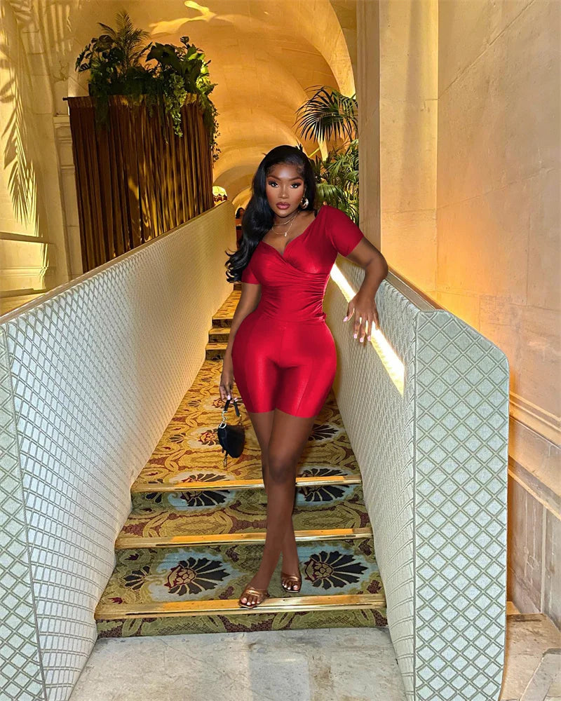 Black Red 2 Piece Set Women Outfit Party Night Club Ruched Stretchy V-neck Short Sleeve Top and Shorts New in Matching Sets