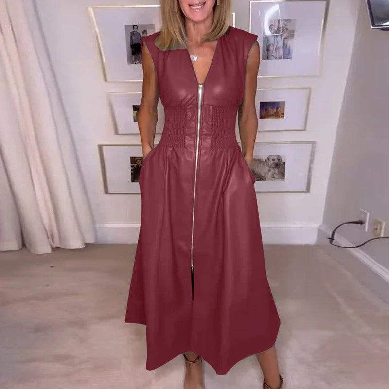 Women Zipper PU Leather High Waist Sleeveless Dresses 2025 Vestidos  V Neck Solid Color Holiday Dress Women's A-line Maxi Dress