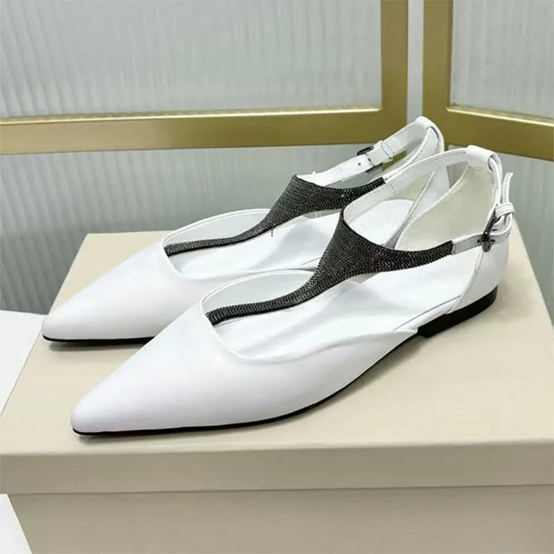 Genuine Leather Pointed Toe Flats With Beaded Ankle Strap For Women