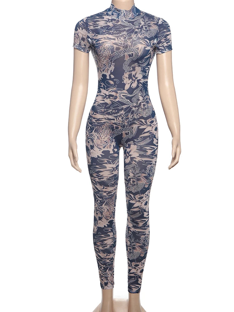 Weird Puss Serpentine Jumpsuit Women See Through Backless Short Sleeve Sexy Fit Summer Workout Overalls Stretch Button Clubwear