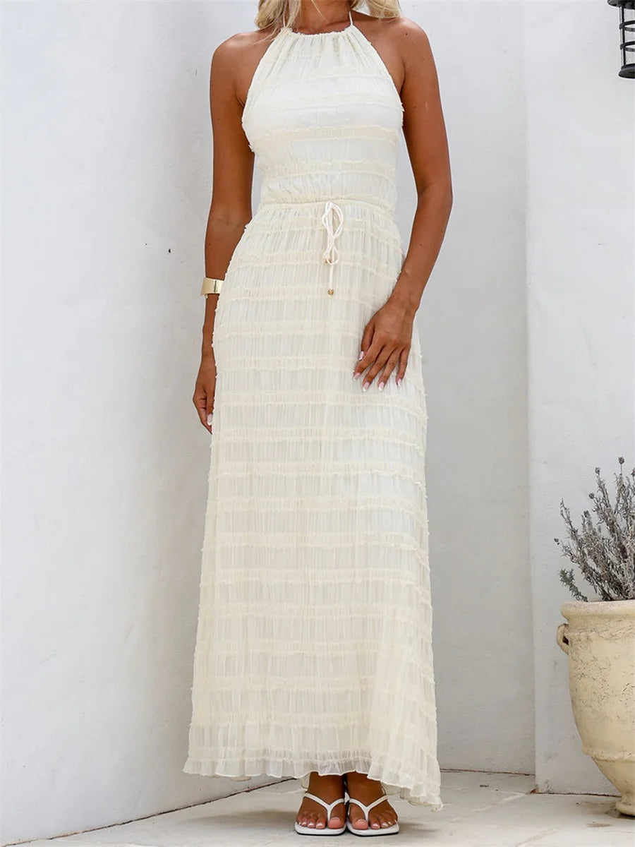 Women's Halter Neck Long Dress Frill Layered Solid Dress Drawstring Belted Sleeveless Dress