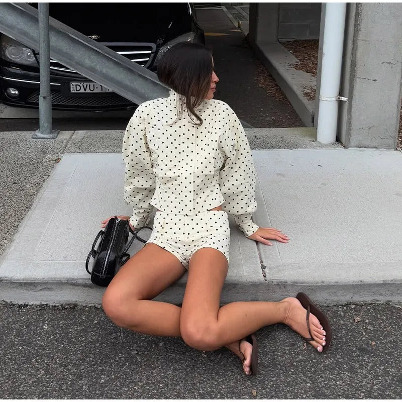 Loose Polka Dot Zipper Women's Shorts Set Stand Collar Patchwork Full Sleeve Pockets Jacket Tie Up Short Pant Suit Summer Outfit