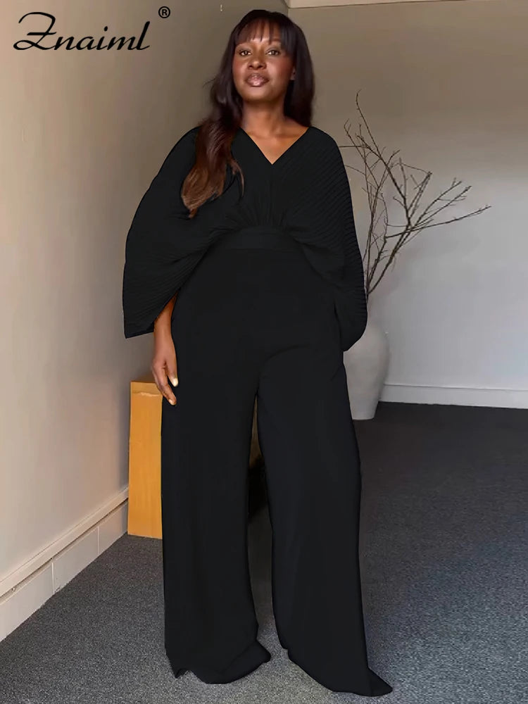Znaiml Pleated Blouse V Neck Full Sleeve and Wide Leg Pants Women Loose 2 Pieces Sets Elegant Office Ladies African Outfits 2025