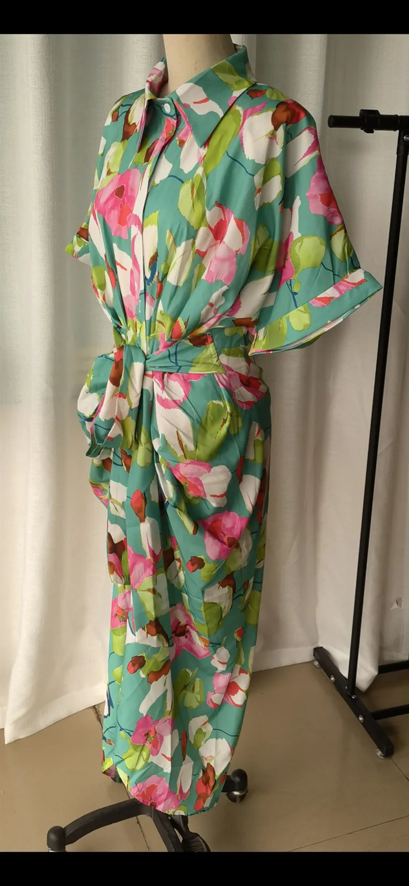 Printed Button Front Ankle Length Shirt Dress with Belt for Women