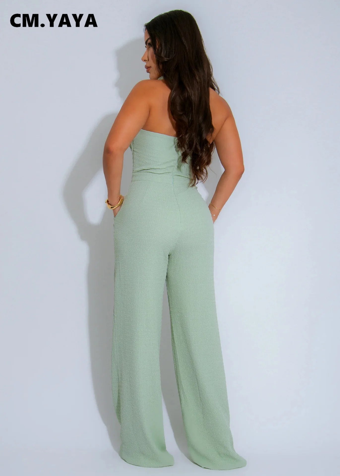 CM.YAYA Women Weave Halter Neck Backless Wide Leg Jumpsuit 2025 Chic Summer Sexy Party Club Night One Piece Suit Playsuit Romper