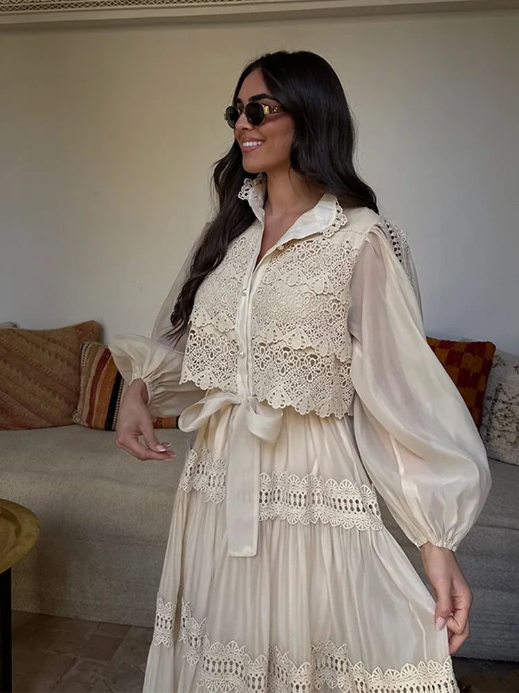 Embroidered maxi Dress Women Lapel Hollow Fashionable Short Sleeve Belt High Waist long Dresses Female Summer Chic robe