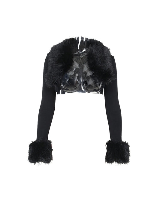 Women's Cropped Shrug Fur Collar Casual Solid Color Knitted Long Sleeve Cardigan Coat Tops Streetwear Temperament Commuter Tops