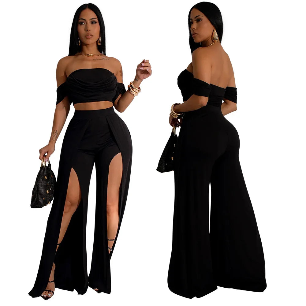 CM.YAYA Women's Set Short Sleeve Slash Neck Ruched Tops and Wide Leg split Pants 2024 Street Two 2 Piece Sets Outfit Tracksuits