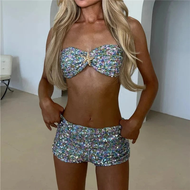 hirigin Women Sequin 2 Piece Outfit Sparkly Sexy Bodycon Sleeveless Halter Crop Top Split Mini Skirt Set Going Out Club Suit