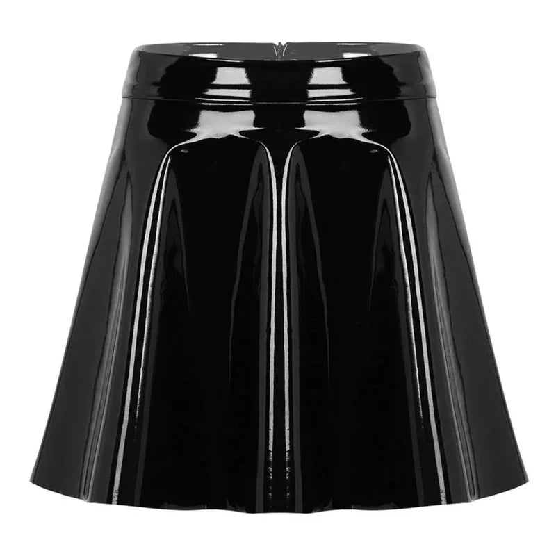 Women Gothic PVC A-line Skating Skirt Shiny Patent Leather Pleated Skirt Ladies High Waist Faux Latex Mini Skirt Custom Clubwear