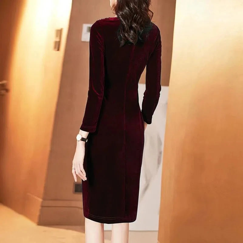 Golden Velvet Dress For Women Spring And Autumn New Fashionable Long Sleeve Dress Velvet Thickened Hip Wrap Dress Nail Bead