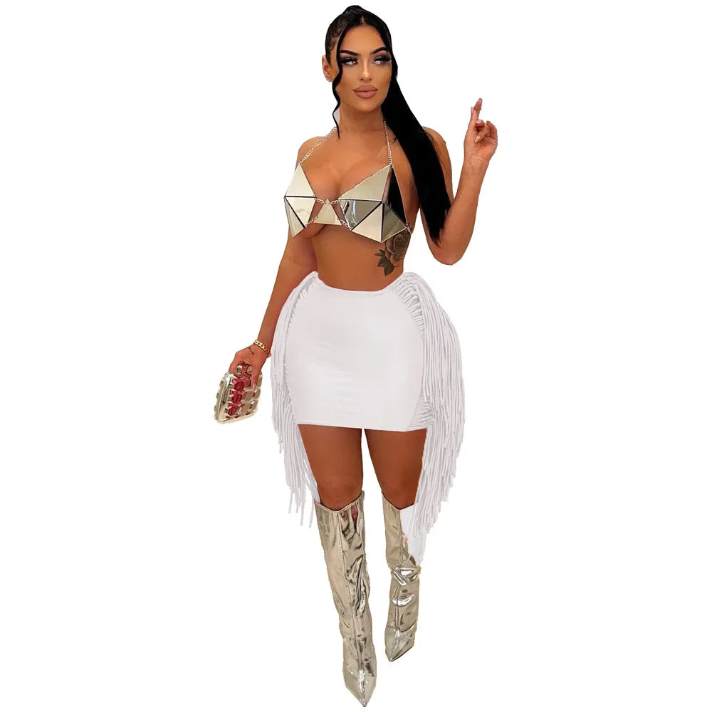 FAGADOER Sexy Tassel Bodycon Mini Skirts Party Club Outfits Women Fashion Chic Streetwear Short Birthday Holidays Skirt Solid
