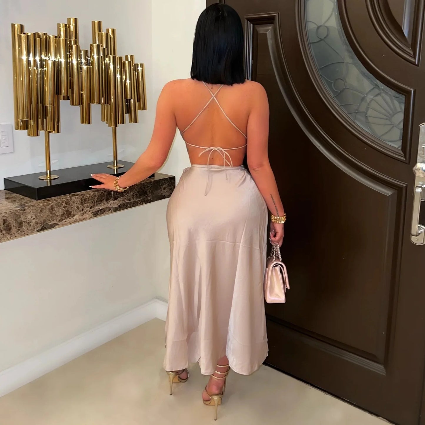 CM.YAYA 2025 Sexy Party Club Night Women's Set Halter Neck Crop Top and Side Split A-line Maxi Skirt Suit Two 2 Piece Set Outfit