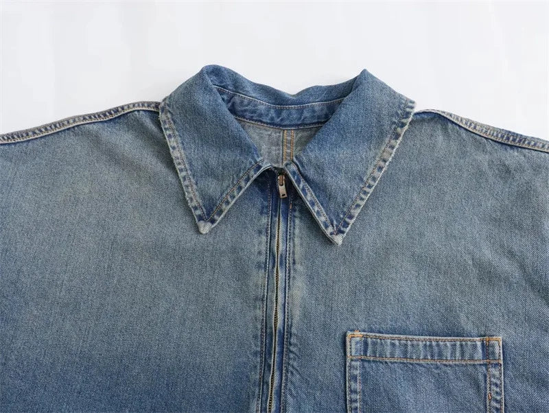Joskaa Fashion Blue Denim Dress Women Hipster Lapel Zipper Pocket Full Sleeve Loose Mini Dresses 2025 Spring Vintage Streetwear