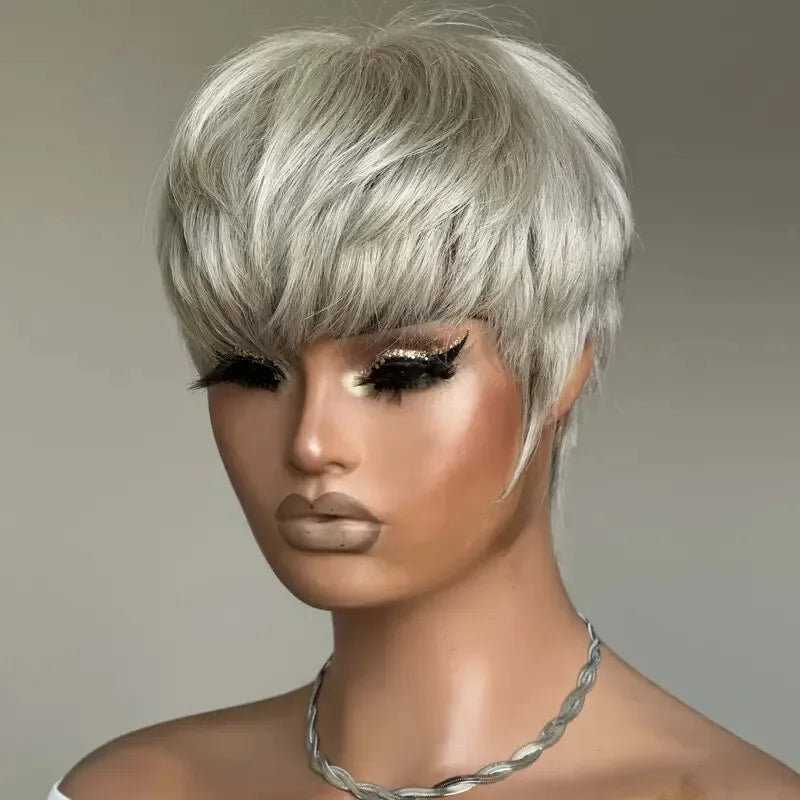 Grey Short Pixie Cut Wig Human Hair Short Layered Pixie Wig For Women 6 Inch Straight Grey Full Machine Made Human hair Wig