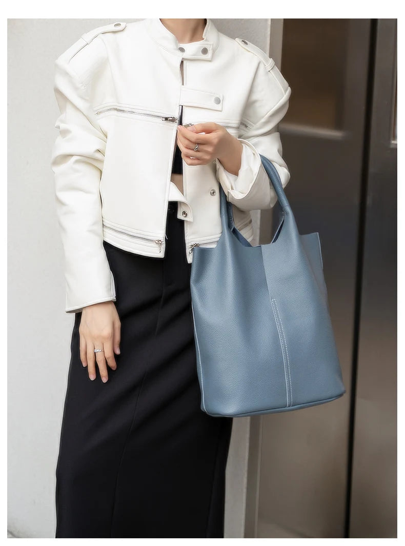 Bucket Bag Ladies Luxury Women Tote Bag Casual Genuine Cow Leather Shoulder Bags ladies Tote Handbags Big Shopper Bag for Female