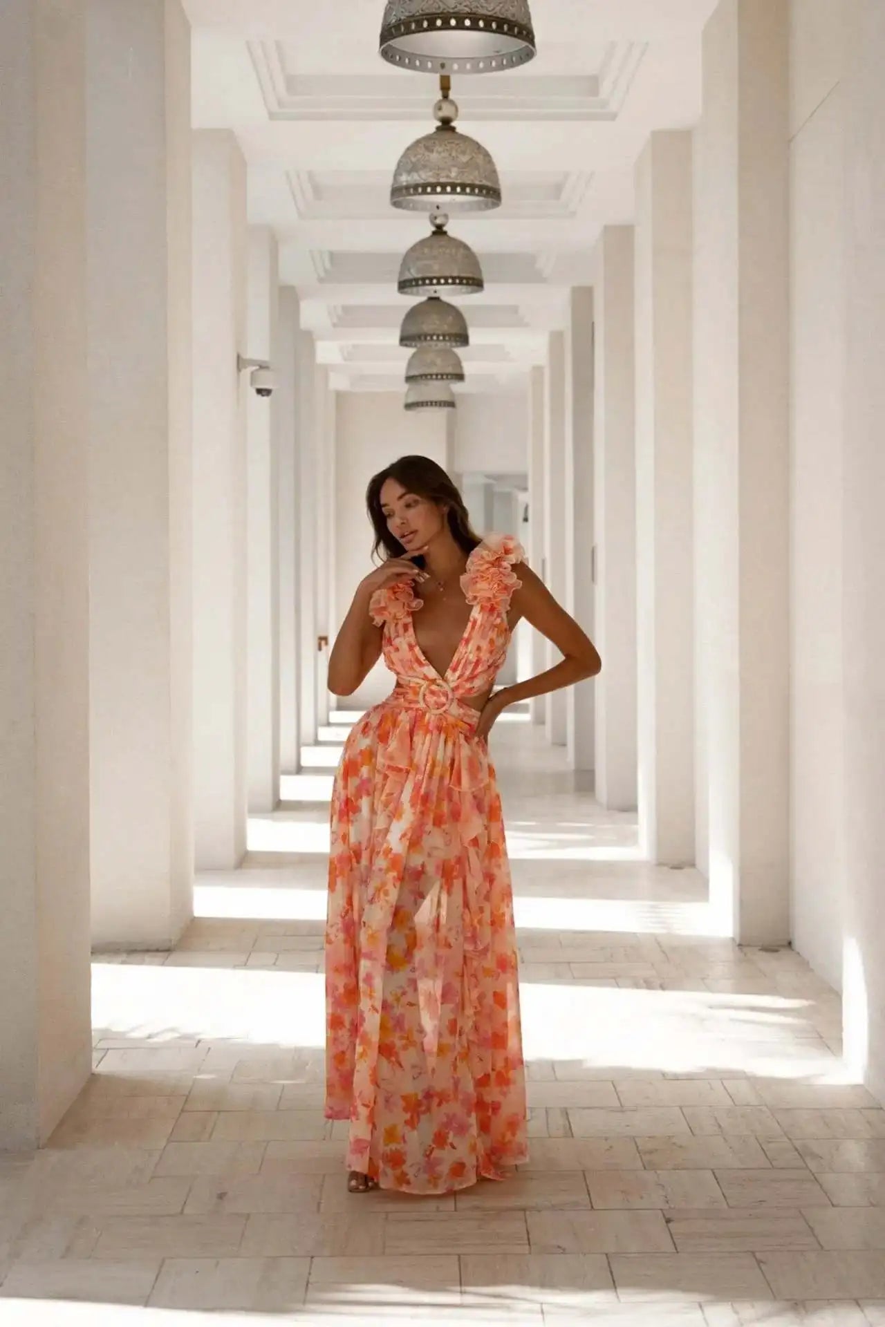 Summer Spring Women's Clothing Dress Hollow Out Slim Deep V Ruffle Edge Floral Backless Dress Loose Maxi