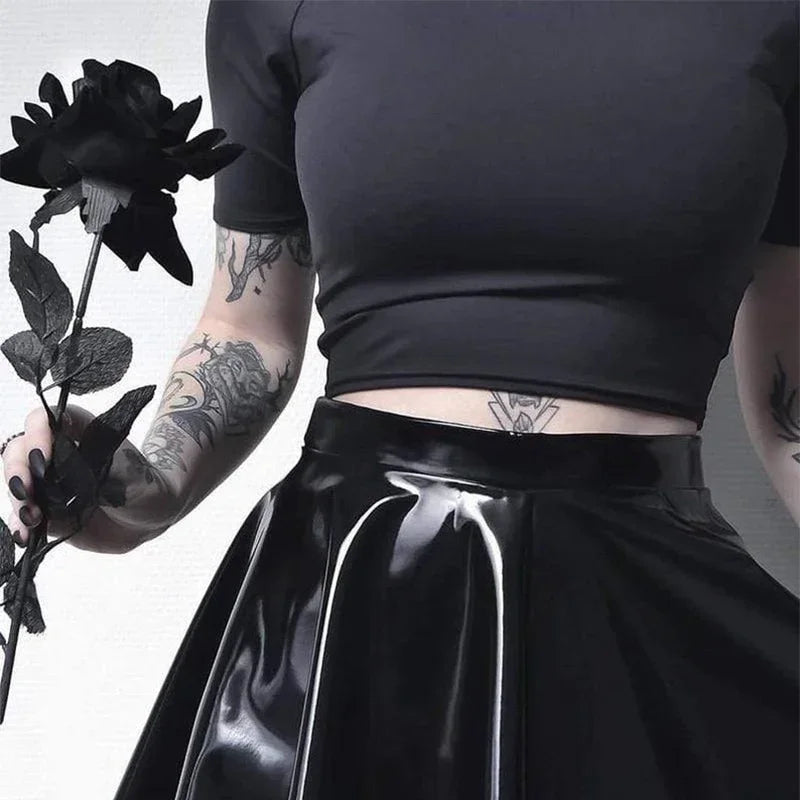 Women Gothic PVC A-line Skating Skirt Shiny Patent Leather Pleated Skirt Ladies High Waist Faux Latex Mini Skirt Custom Clubwear