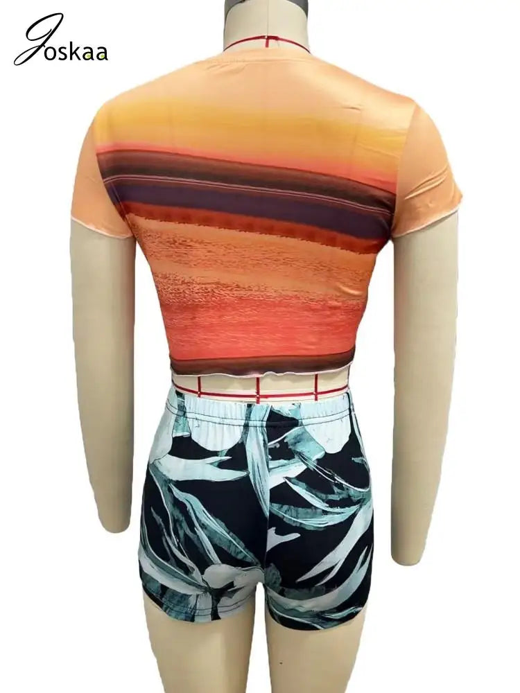 Joskaa 2025 Summer Print 2 Piece Set Women Hipster Short Sleeve Crop T-Shirt+Shorts Match Holiday Beach Outfits Streetwear S-XXL