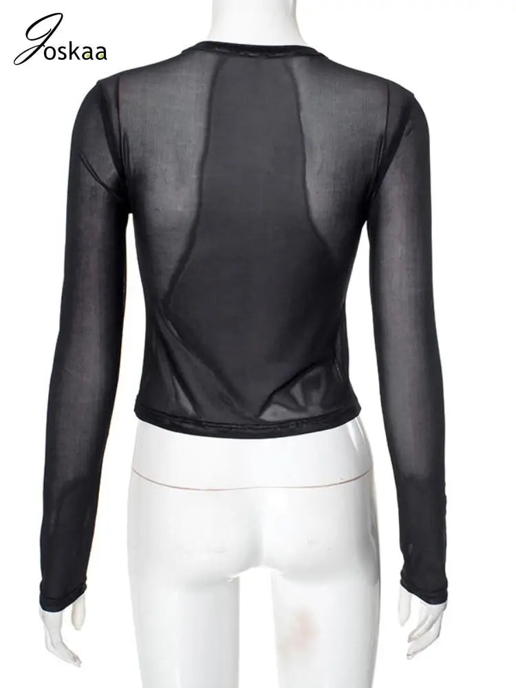 Joskaa Fashion 3D Print Mesh Y2K T-Shirts Women Hipster Sexy O-Neck Long Sleeve Crop Tops Party Club Graphic Tees Streetwear