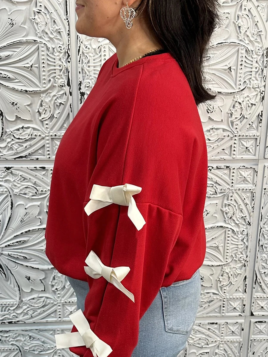 Christmas Women’s Oversized Bow Decoration Hoodie Sweatshirts Long Sleeve Round Neck Loose Fit Pullover Tops with Bows