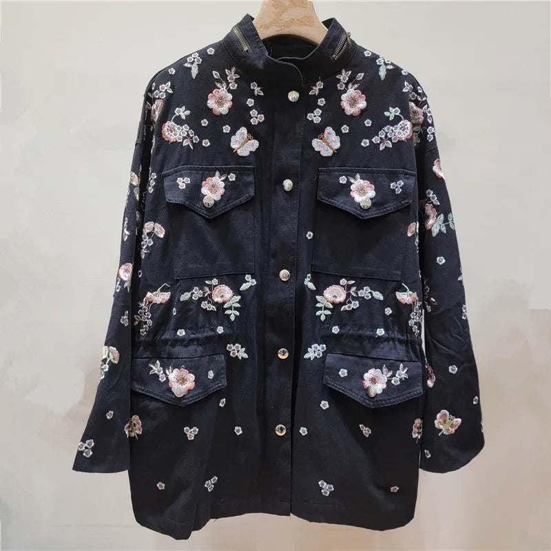 YEAE autumn fashion heavy industry flower embroidered trench coat women's stand-up collar loose drawstring waist trench coat