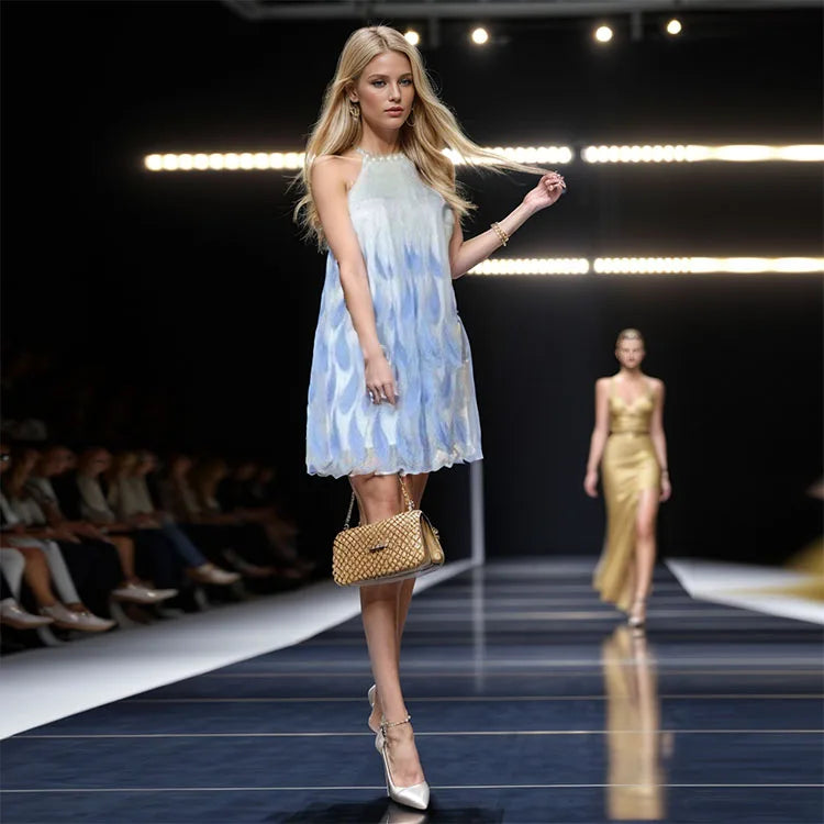 Fashion Sweet Short Elegant Dress 2024 Summer New Heavy Pearl Halter Blue Feather Embroidered Gold Thread Sleeveless Sling Dress