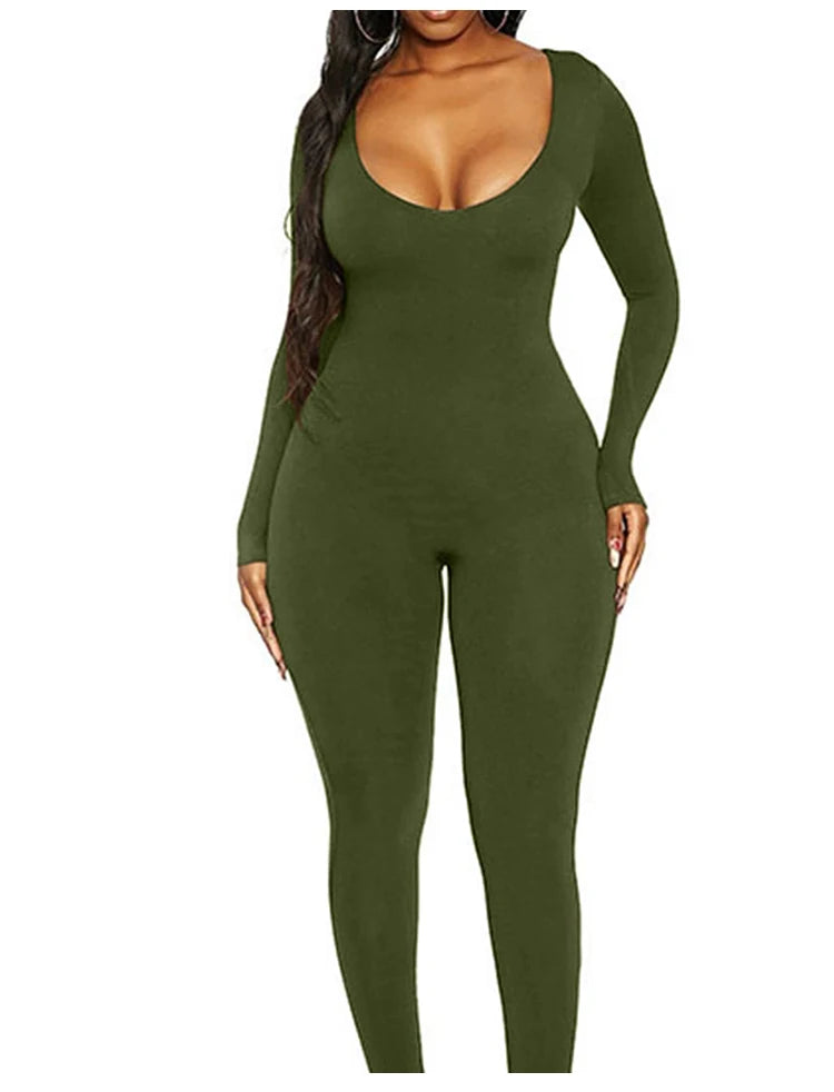 Spring Summer New Women's Long Sleeve Solid Color Skinny Jumpsuit Fashion Sports Fitness Pullover Casual Wear