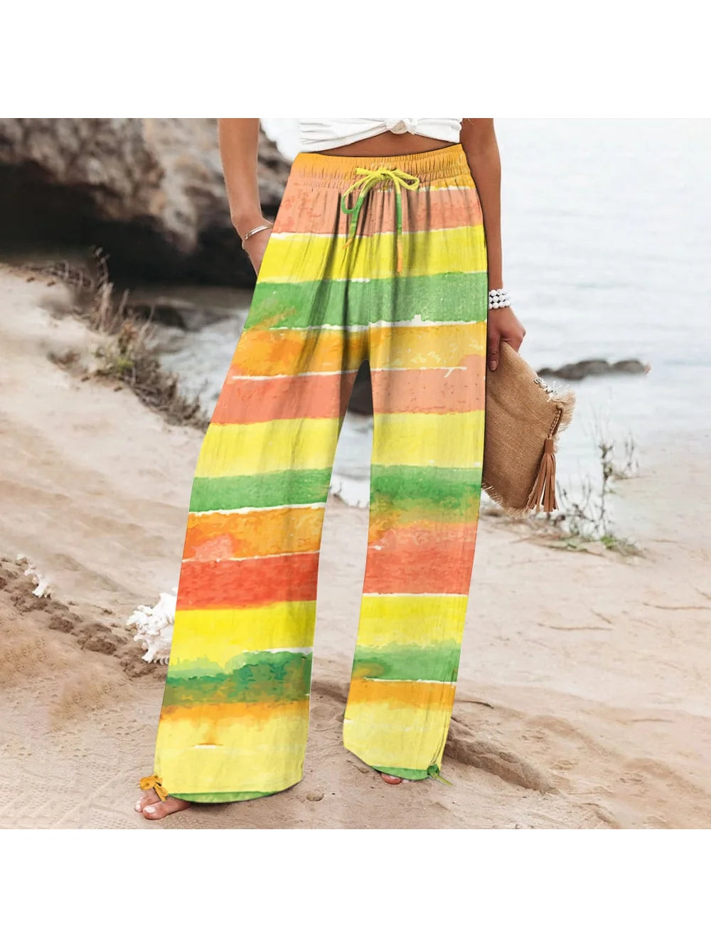 New Gold Luxury Straight Pants Women's Loose Casual Beach Pants High Waist Splicing Fashion Summer Wide Leg Pants