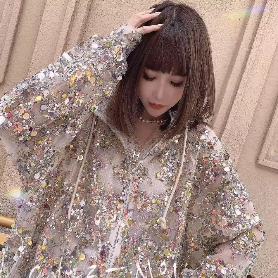 2025 Summer New Sunscreen Clothing Women's Coat Glitter Hollow Out Coat Thin Fashion Long Sleeve Hoodie