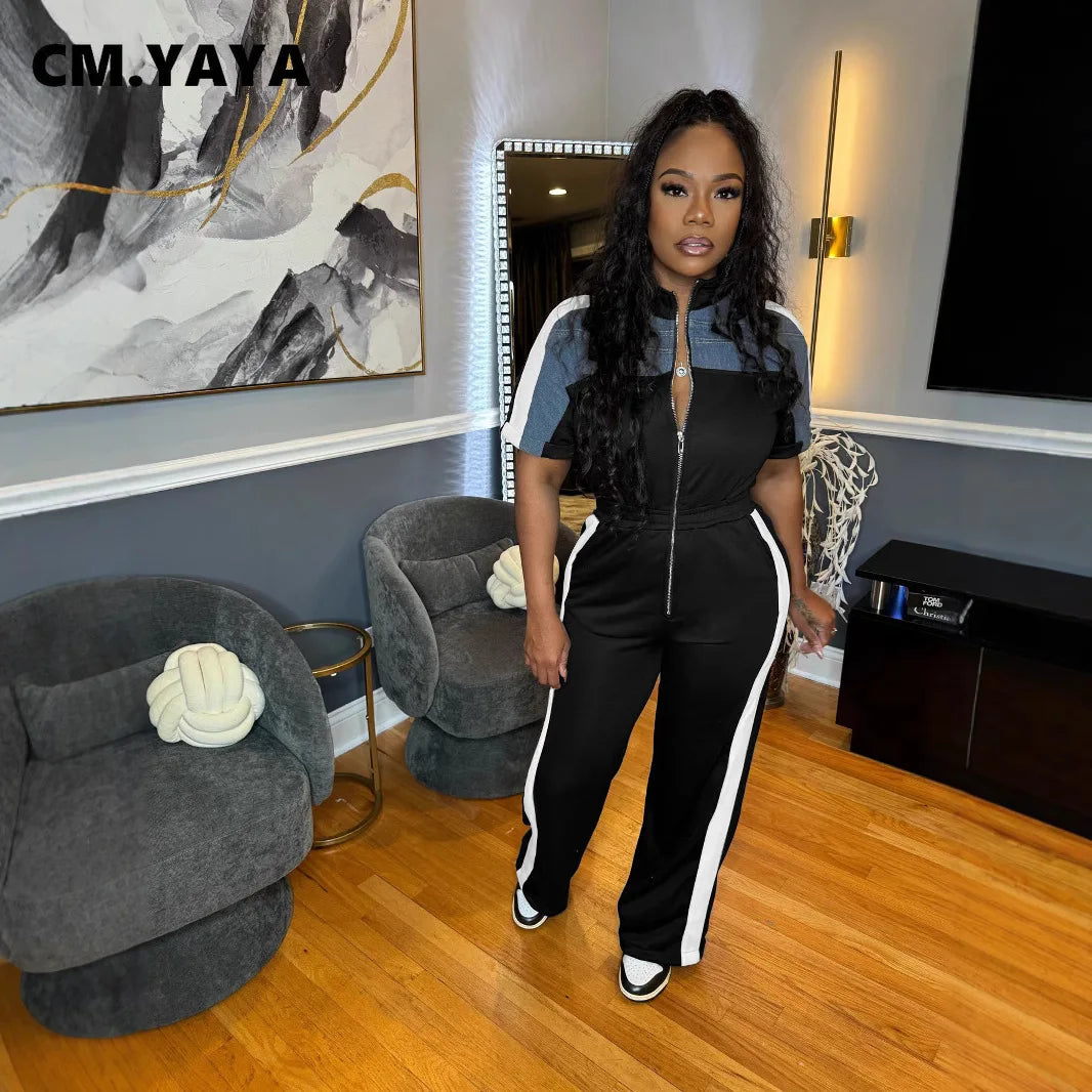 CM.YAYA Women Zipper Short Sleeve Wide Leg Jumpsuits Summer Denim Patchwork Street Holiday OL Night Party One Piece Suit Romper