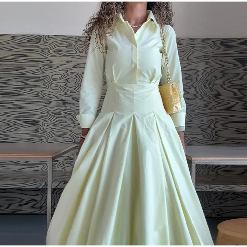 Solid Women's Casual Pleated Long Dress Fashion Lapel Full Sleeve Button Maxi Dress Lady 2025 Early Autumn Chic Street Robes