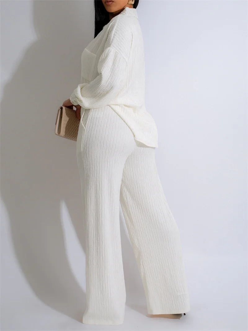 Doyerl Solid Casual Loungewear Sets Woman Two Piece Outfit Loose Fit Long Sleeve Shirt Top and Wide Leg Pants Matching Sets