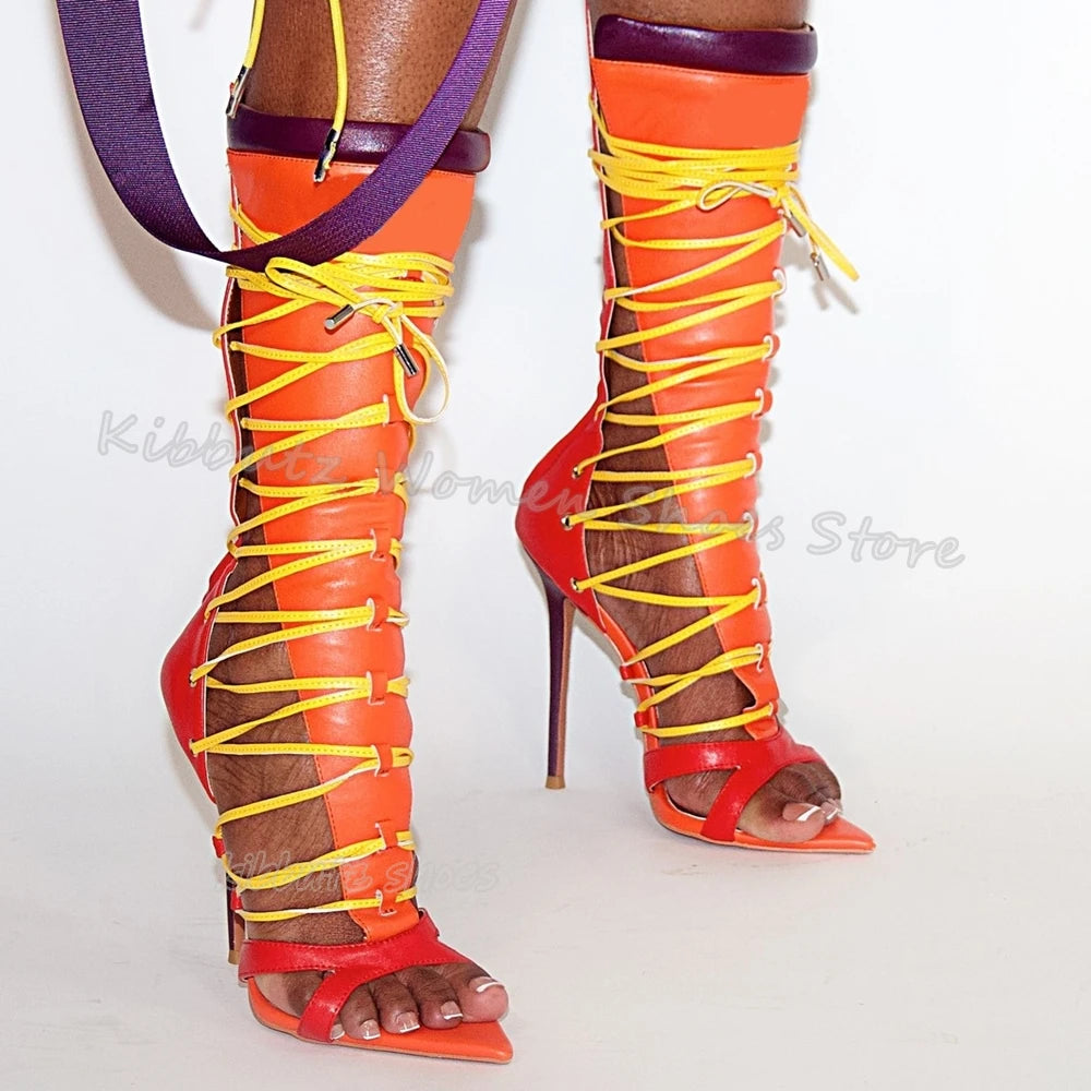 Genuine Leather Sandals Cross Strap Mixed Color Novelty Sexy Fashion Concise Luxury Women Shoes Newest Pointy Thin Heels Zippers