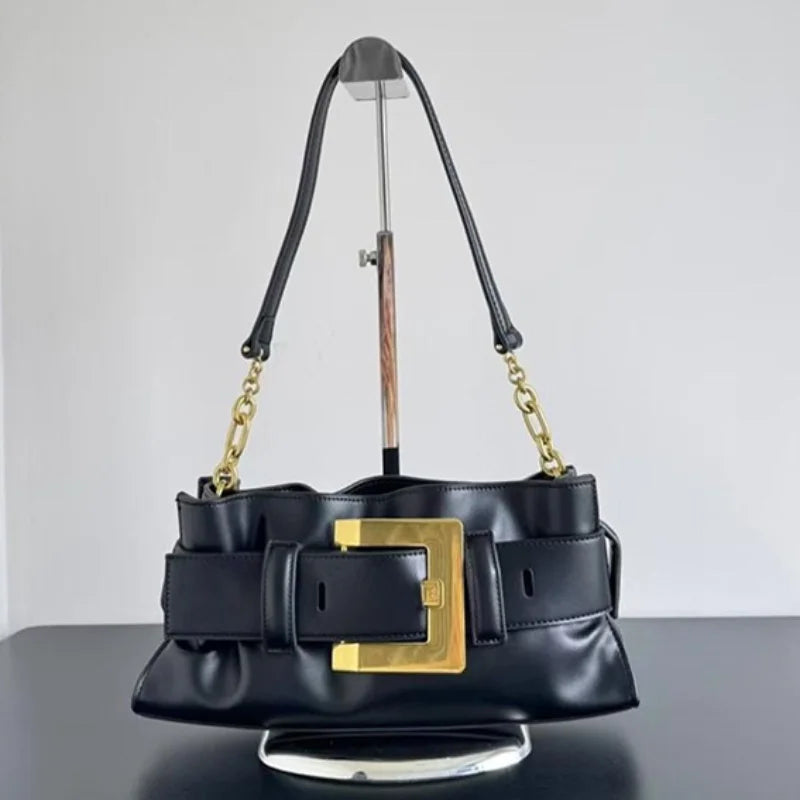 Women's Pleated Motorcycle Bag Trendy Belt Buckle Shoulder Bag Brand Design Fashion Large Capacity Texture Underarm Bag Tote Bag