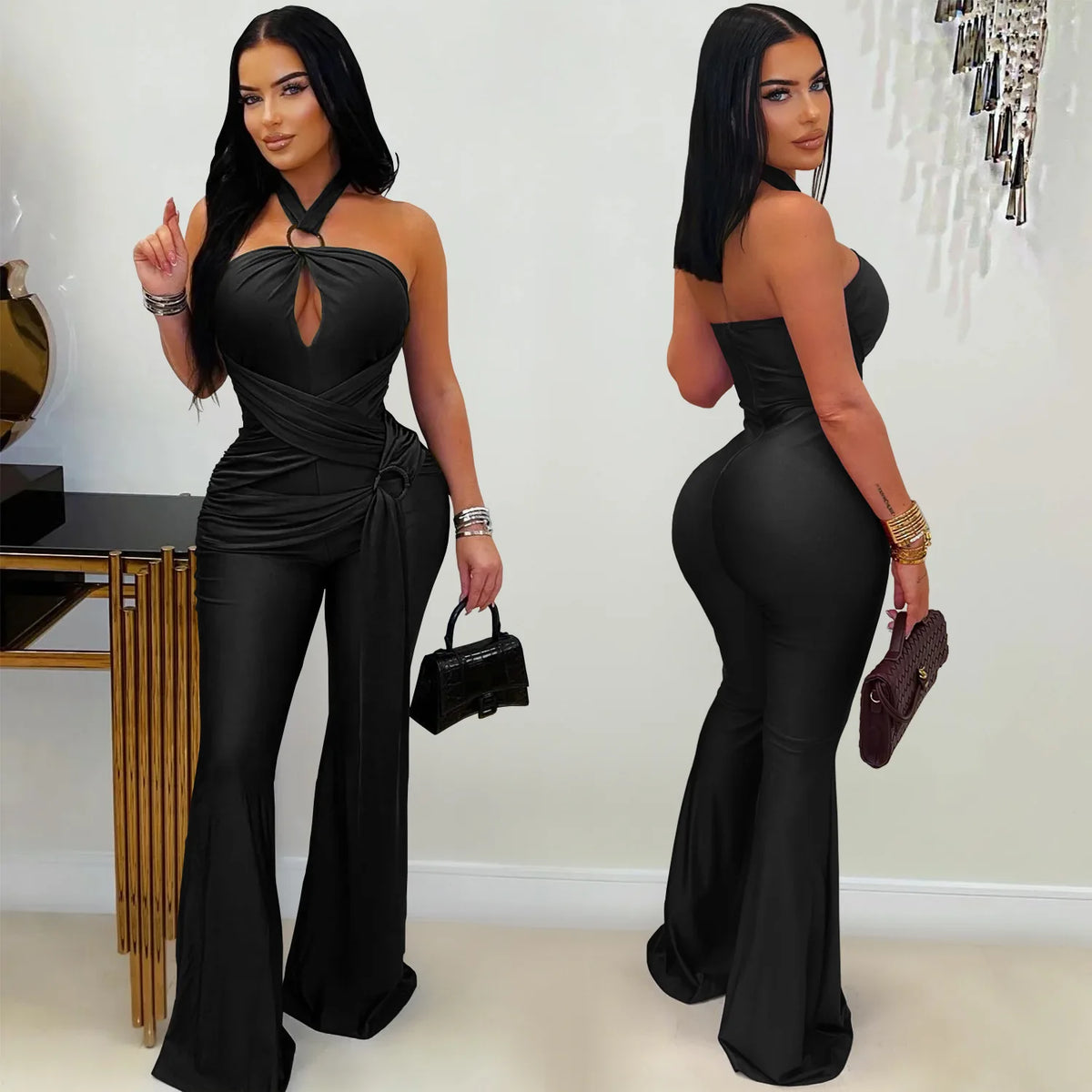 Elegant Halter Pleated Bodycon Party Jumpsuit for Women