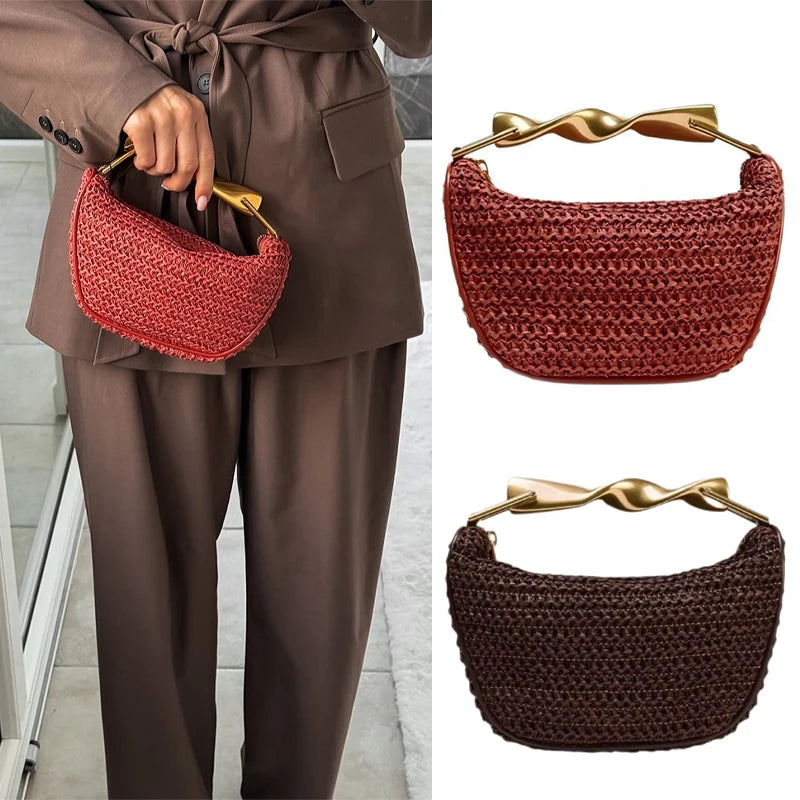 Women's Woven Bag Fashion Luxurious Simple Metal Evening Clutch Casual Versatile Vintage High-end Design  Women's Shoulder Bag