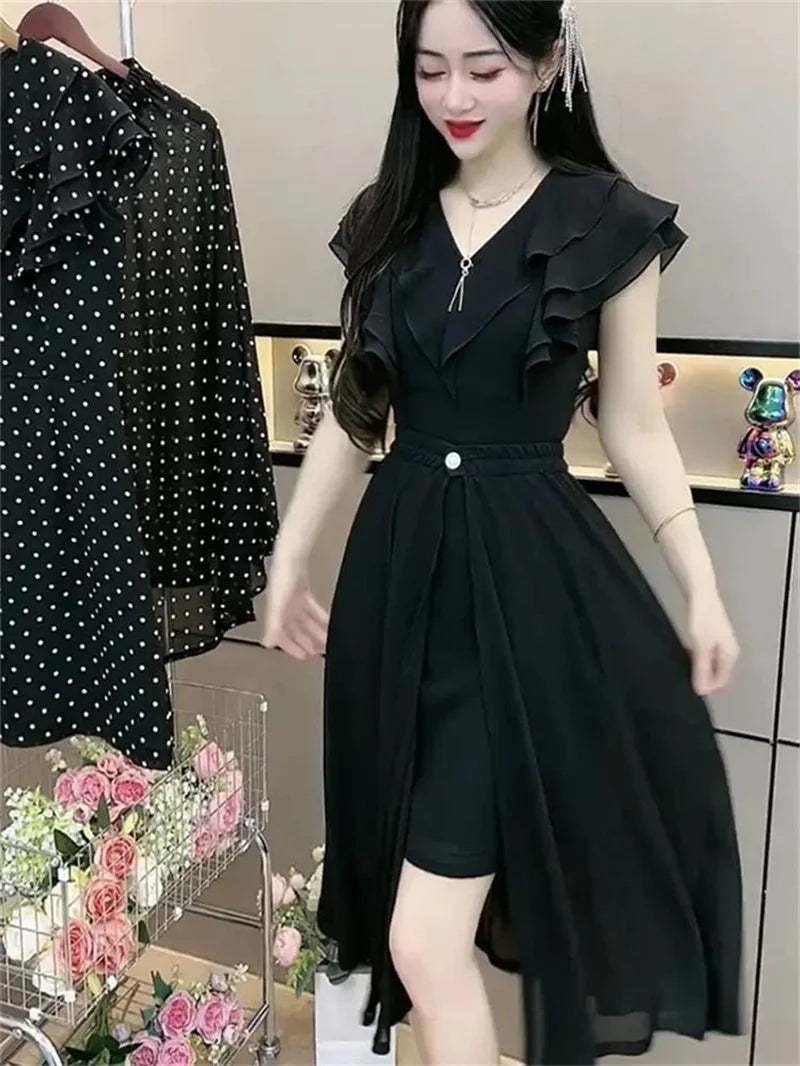 Fashion Dress Set Women's 2024 Summer New Polka Dot Style Sweet and Slim Ruffle Dress+Apron Two Piece Set Black V-Neck Dress Lad