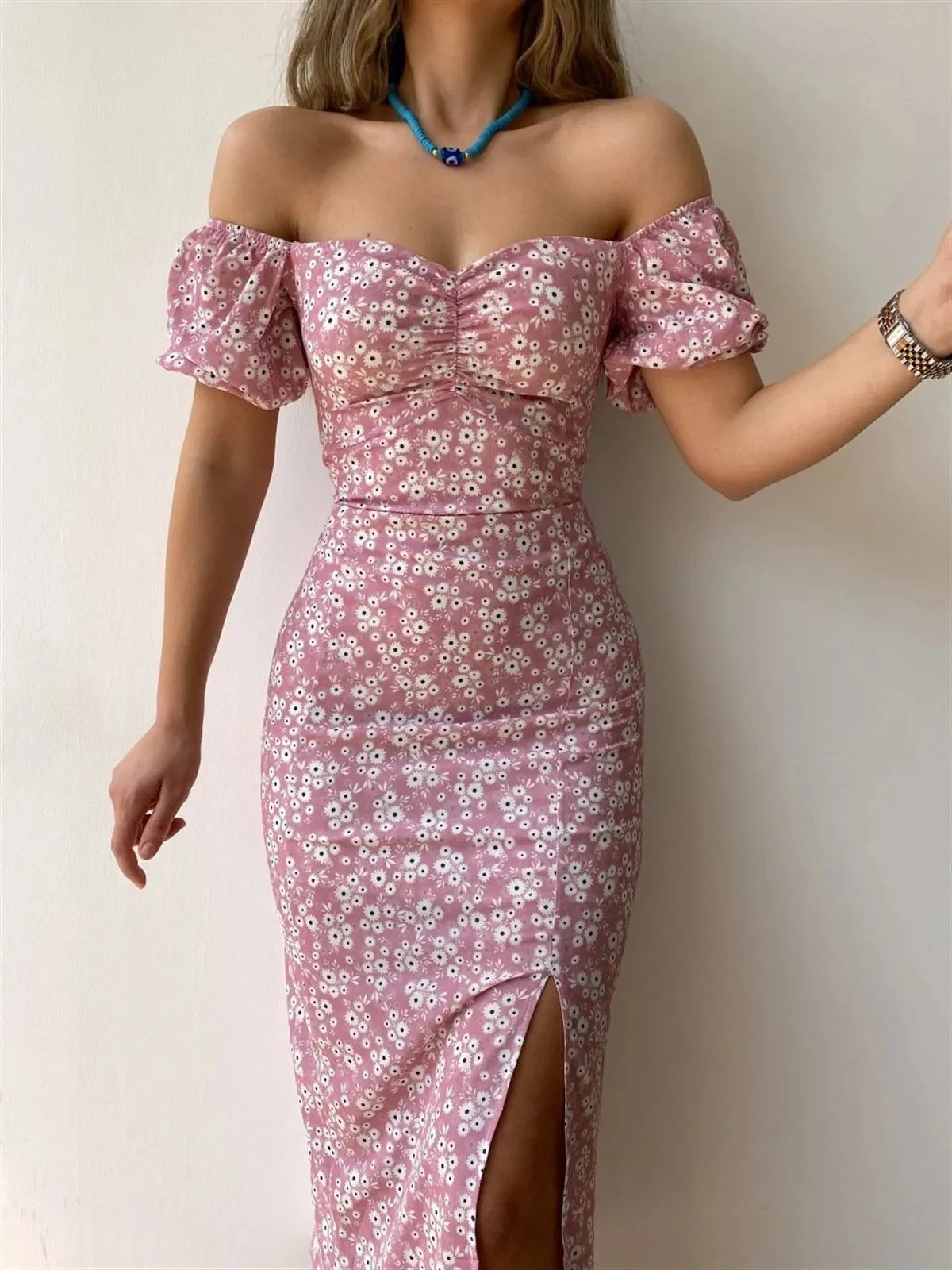 Elegant Summer Women's Dress Off-Shoulder Floral Side Slit Fashionable Commuting Foreign Trade New Style Womens Clothing
