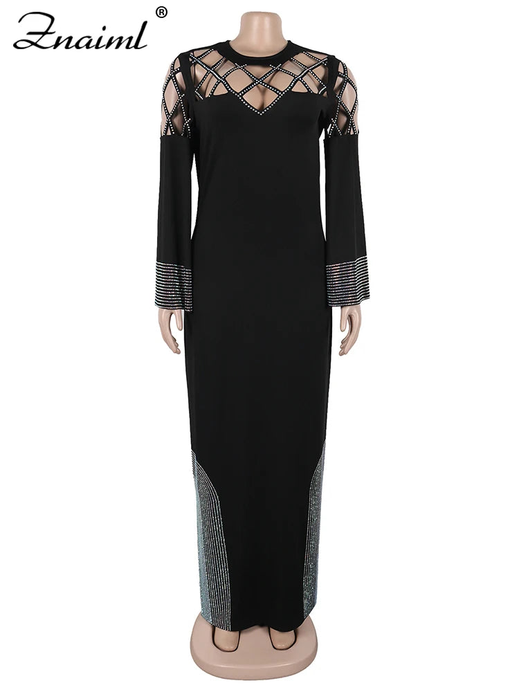 Znaiml Elegant Festival Indie Folk Diamonds Patchwork Hollow Out Long Sleeve Dress Women O-neck Evening African Vacation Vestido