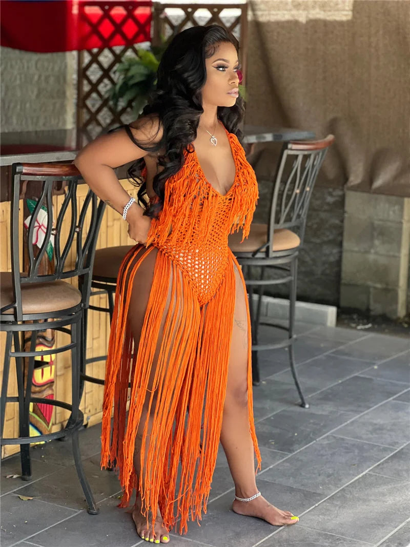 Sexy Crochet Knitted Beach Summer Dress Women Halter V-neck Tassel Backless Maxi Dress Vacation Sheer Long Dresses Swimsuit 2022