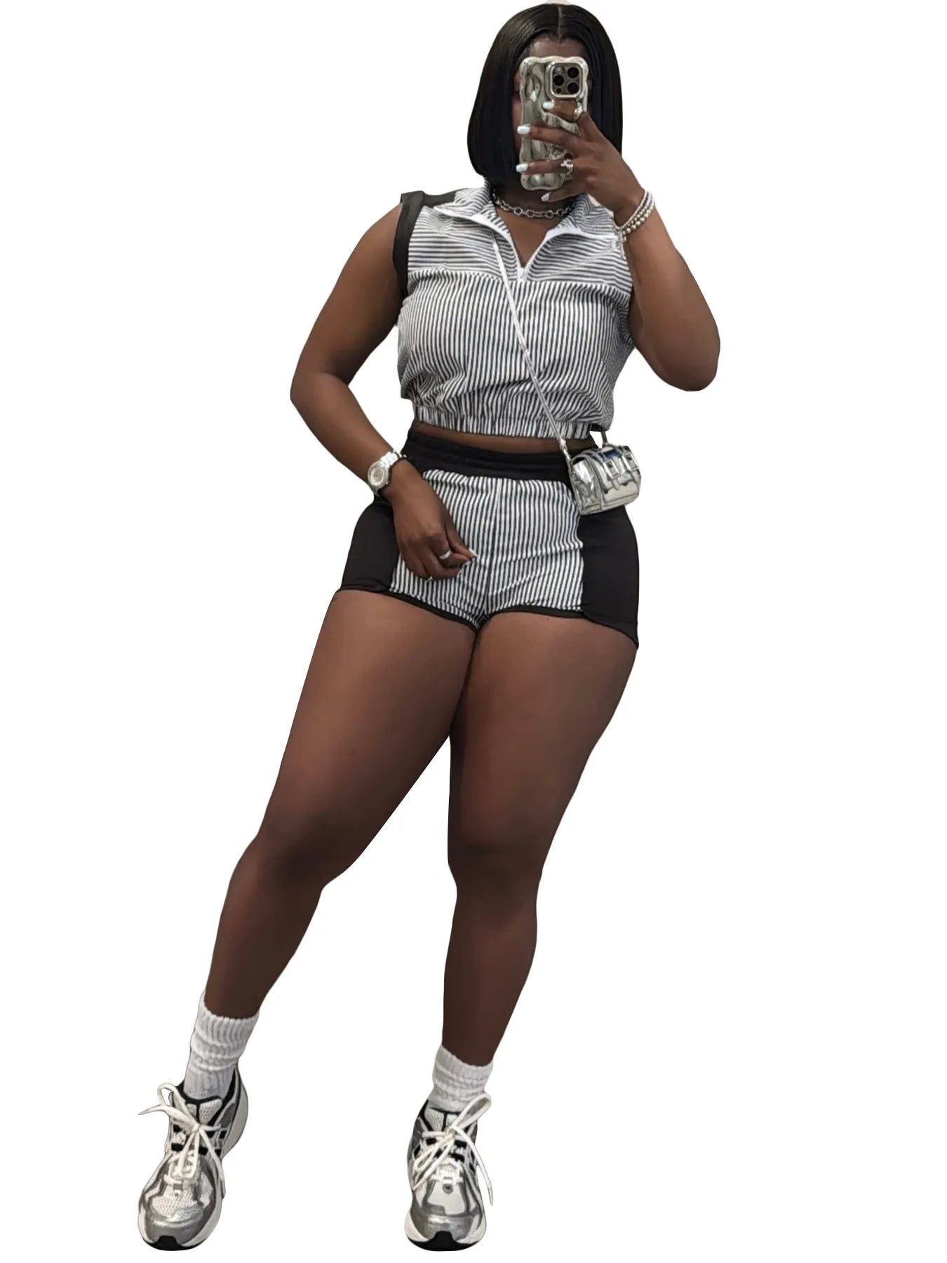 Striped Patchwork Crop Top and Shorts Set for Women