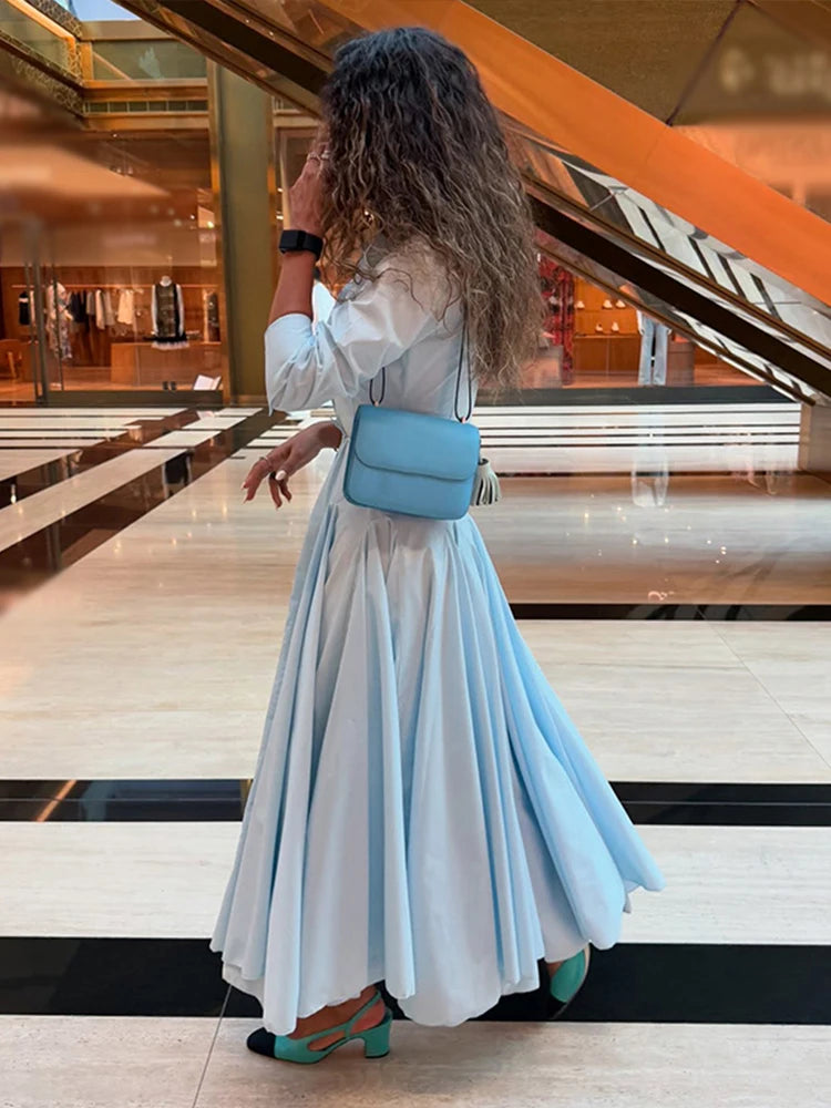 Solid Women's Casual Pleated Long Dress Fashion Lapel Full Sleeve Button Maxi Dress Lady 2025 Early Autumn Chic Street Robes