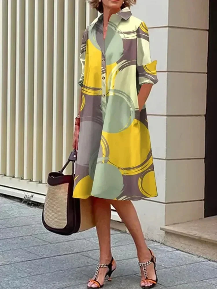 Fashion Women‘s T-shirts Dress Long Sleeves Buttoned 2025 Autumn Summer Casual Printed Lapel Shift Midi Daily Dresses for Ladies