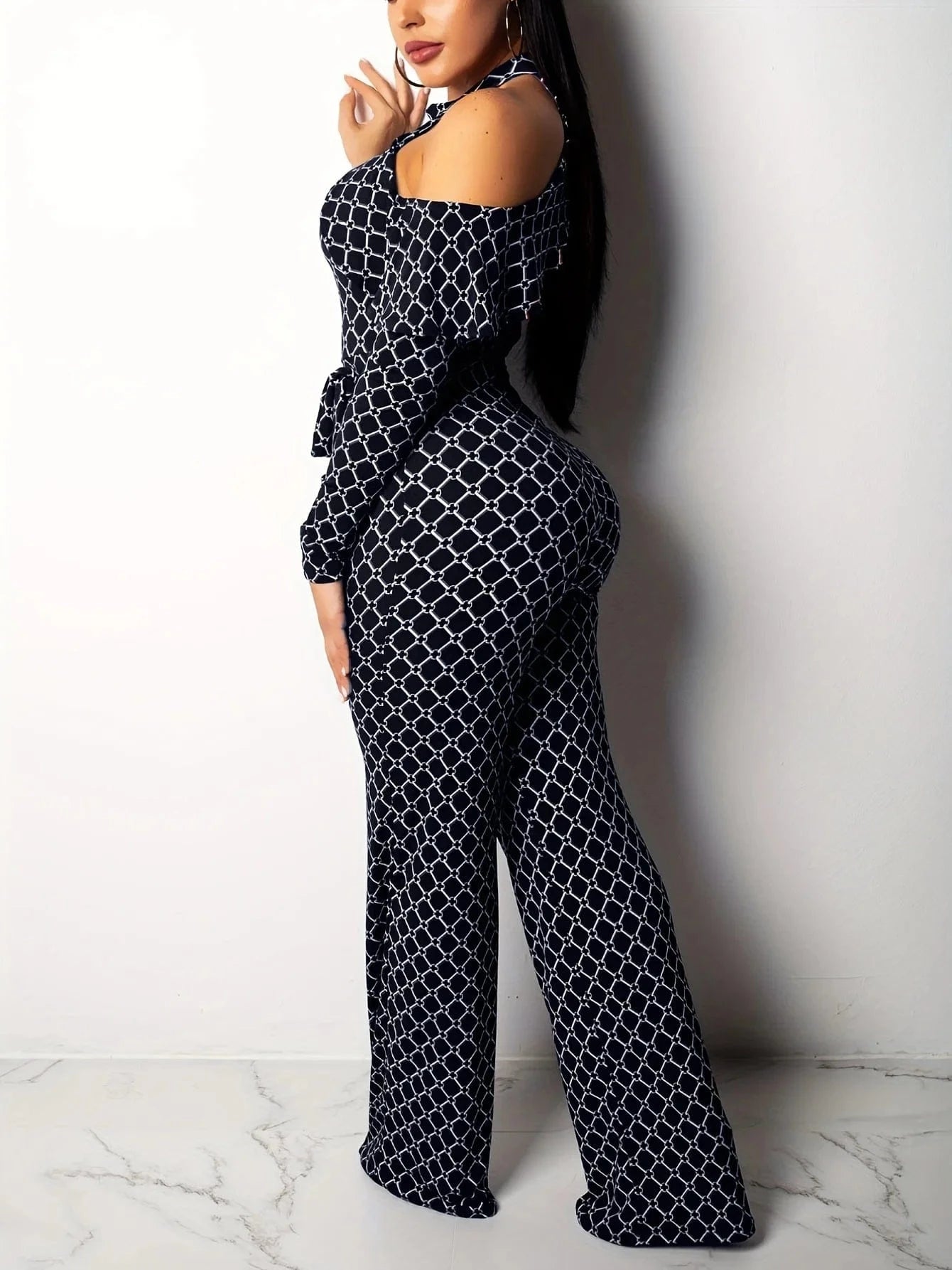 Plaid Print Rompers Womens Jumpsuit Off Shoulder Ruffles Long Sleeve Bandage Overall Elegant Belted Plus Size Wide Leg Bodysuit