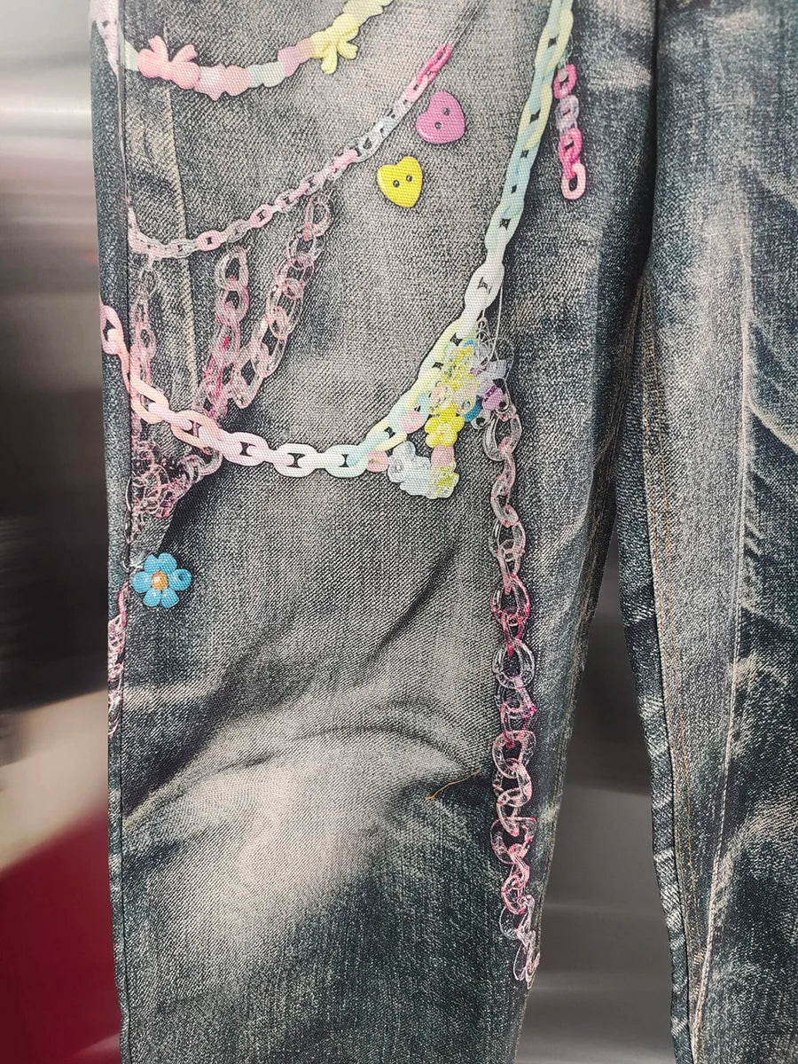VGH Spliced Colorful Beading Chain Jeans for Women High Waist Patchwork Distressed American Retro Spring Trousers Female Style