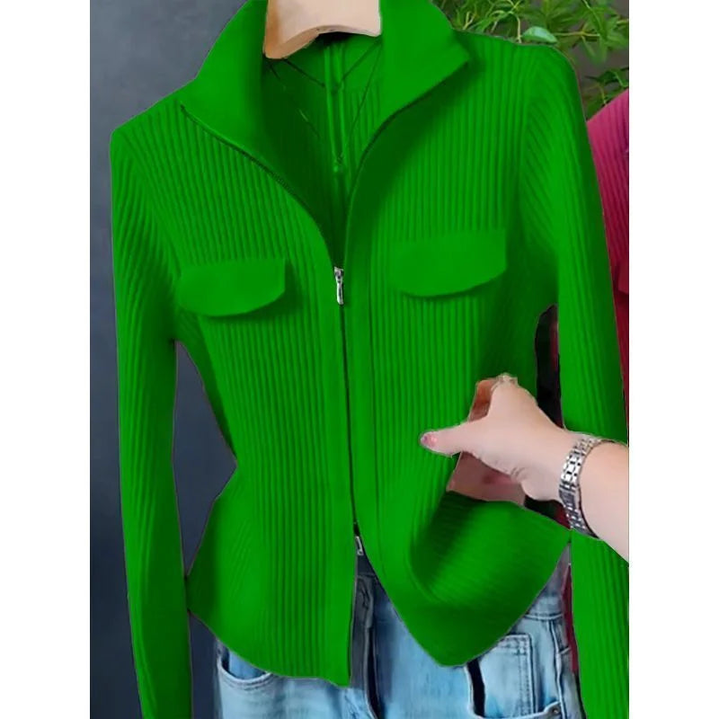 Fashion Zipper Short Knitted Cardigan Sweater 2025 Spring Autumn New Korean Versatile Coat Top Turn-Down Col Sweater Solid Color