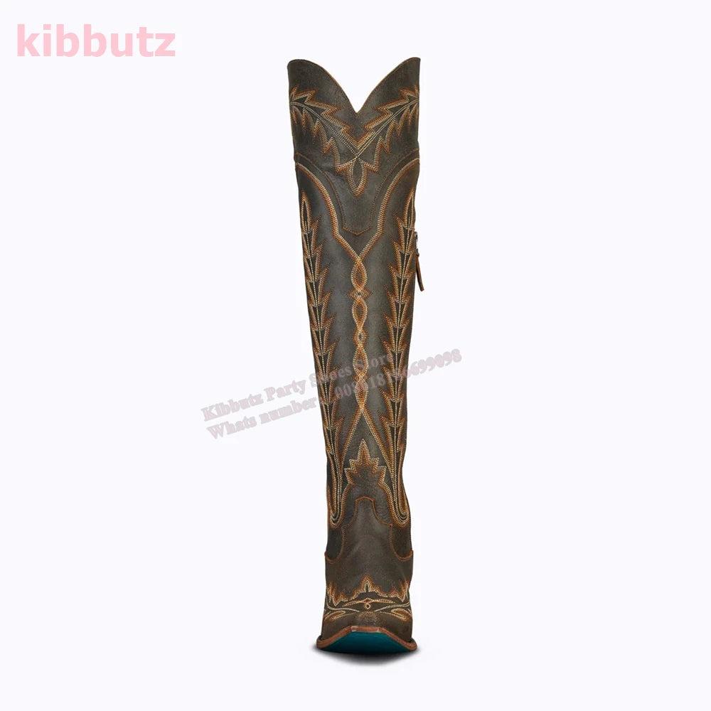 Rivet Cowboy Vintage Boots Over The Knee High Embroidery Lace-Up Luxury Leather Pointed Toe Chunky Heels Fashion Concise Shoes